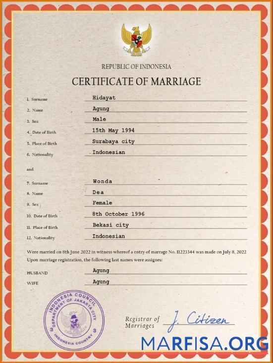 Printable Indonesia marriage certificate PSD template